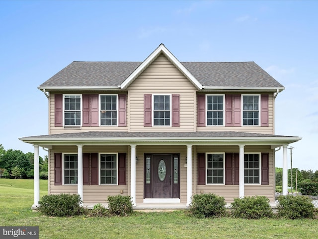 1497 Double Church Rd, Stephens City, VA 22655 - colonial-style house with covered porch, a front lawn, and roof with shingles