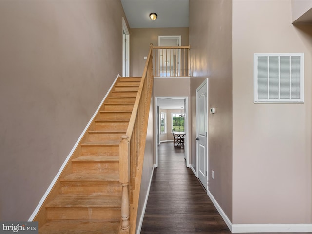1497 Double Church Rd, Stephens City, VA 22655 - stairs with baseboards, wood finished floors, and a high ceiling
