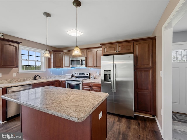 1497 Double Church Rd, Stephens City, VA 22655 - kitchen with appliances with stainless steel finishes, a sink, light countertops, a center island, and dark wood-style floors