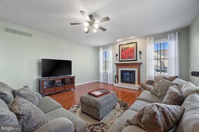 99 Topaz Ln, Camden Wyoming, DE 19934 - living area with ceiling fan, plenty of natural light, a glass covered fireplace, and wood finished floors