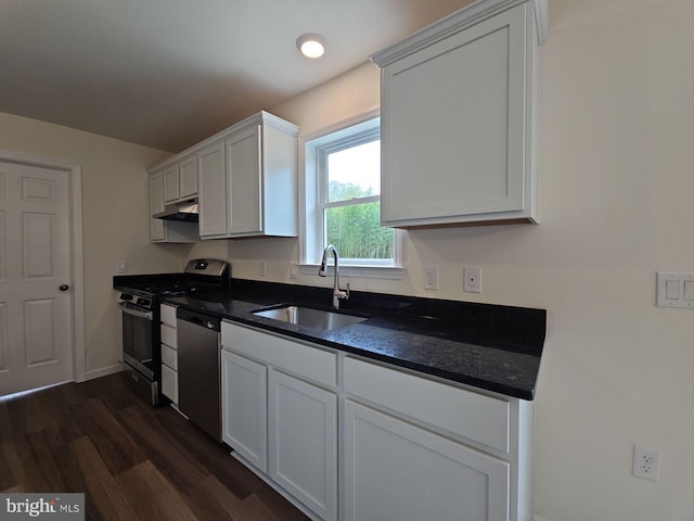 213 Newport Rd, Millville, NJ 08332 - kitchen featuring a sink, appliances with stainless steel finishes, under cabinet range hood, dark wood-type flooring, and white cabinets