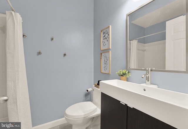 bathroom with toilet, a shower with curtain, tile patterned flooring, and vanity