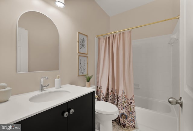 bathroom featuring toilet, vanity, shower / bath combo, and tile patterned flooring