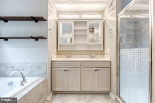 full bathroom with a garden tub, double vanity, a tile shower, and tile patterned floors