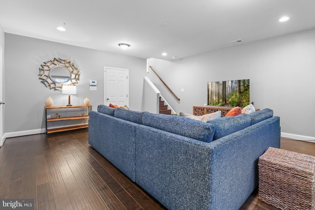 7820 Loblolly Way, Hanover, MD 21076 - living area featuring baseboards, recessed lighting, dark wood-type flooring, and stairs