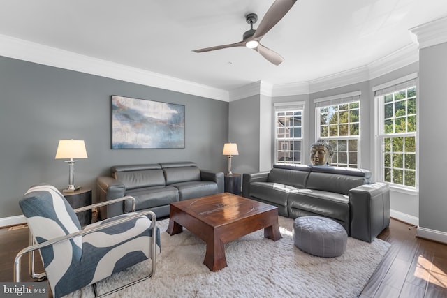 7820 Loblolly Way, Hanover, MD 21076 - living room featuring baseboards, ceiling fan, crown molding, and wood finished floors