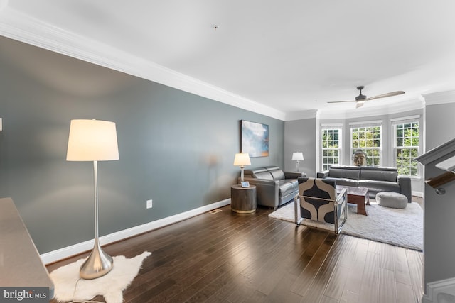 7820 Loblolly Way, Hanover, MD 21076 - living area with ornamental molding, a ceiling fan, wood finished floors, and baseboards