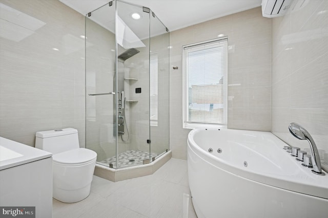 full bathroom with tile walls, a shower stall, a tub with jets, vanity, and a wall unit AC