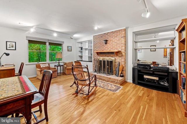 living room with track lighting, wood finished floors, a fireplace, and built in shelves