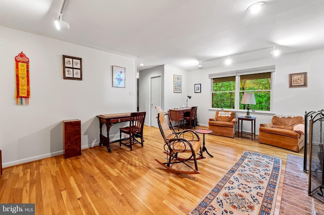 living room with rail lighting, light wood-style floors, and baseboards