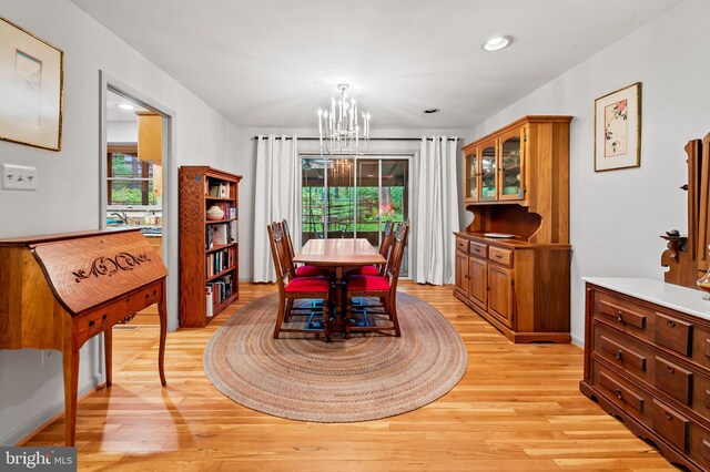 dining room featuring a chandelier, light wood finished floors, and recessed lighting