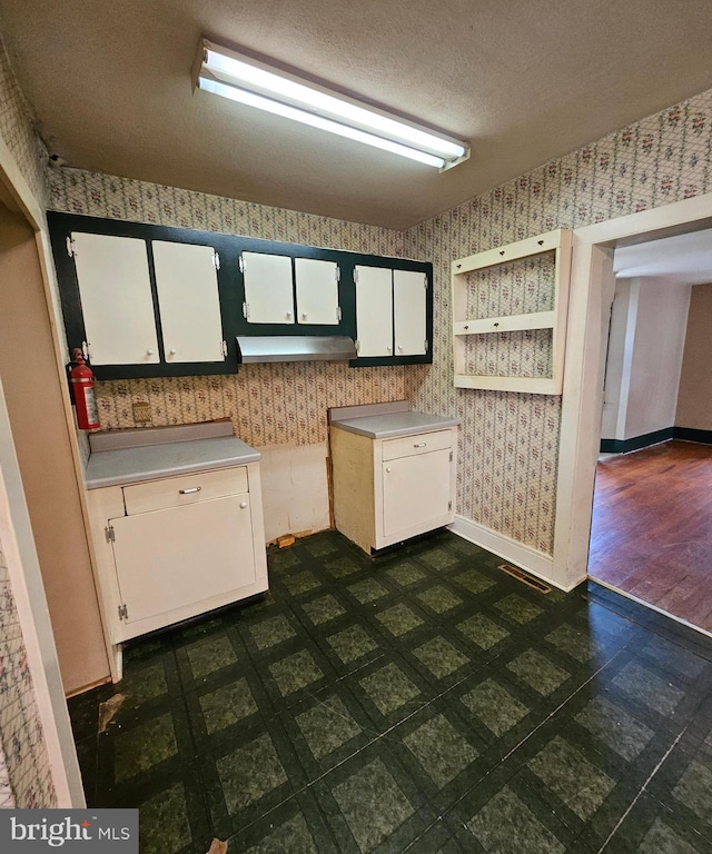 49 Front St, Wyoming, DE 19934 - kitchen featuring wallpapered walls, under cabinet range hood, light countertops, white cabinetry, and open shelves