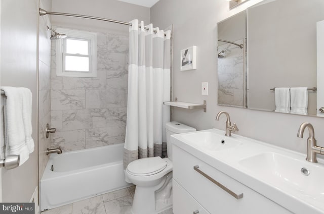 3302 Olympia Ave, Baltimore, MD 21215 - full bathroom featuring marble finish flooring, toilet, shower / bath combination with curtain, and double vanity