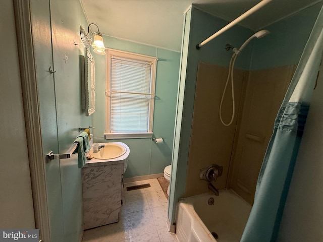 bathroom featuring vanity, shower / bathtub combination with curtain, toilet, and tile patterned floors