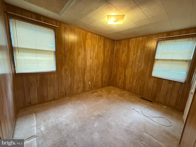 carpeted spare room featuring wooden walls