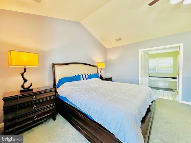 10400 Markby Ct, White Plains, MD 20695 - carpeted bedroom with lofted ceiling, a ceiling fan, connected bathroom, and baseboards