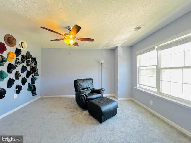 10400 Markby Ct, White Plains, MD 20695 - sitting room with a textured ceiling, carpet floors, ceiling fan, and baseboards
