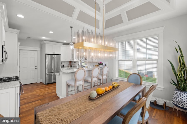 320 Linden Dr, Winchester, VA 22601 - dining area featuring dark wood-style floors, recessed lighting, baseboards, and coffered ceiling