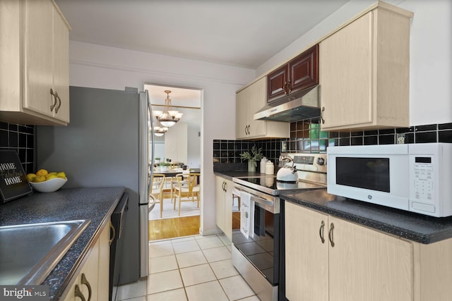 3702 Forest Grove Dr, Annandale, VA 22003 - kitchen featuring white microwave, stainless steel electric range, under cabinet range hood, a chandelier, and tasteful backsplash