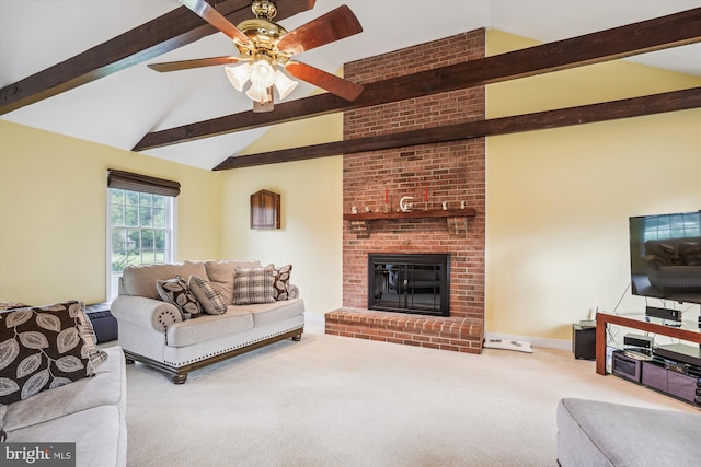 24749 Swan Rd, Saint Michaels, MD 21663 - living area featuring beam ceiling, carpet flooring, a brick fireplace, a ceiling fan, and high vaulted ceiling