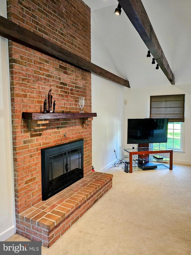 24749 Swan Rd, Saint Michaels, MD 21663 - carpeted living room with baseboards and a brick fireplace