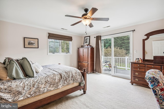 24749 Swan Rd, Saint Michaels, MD 21663 - bedroom featuring ornamental molding, access to exterior, carpet, multiple windows, and a ceiling fan