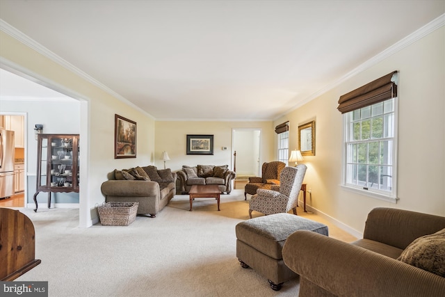 24749 Swan Rd, Saint Michaels, MD 21663 - living area with crown molding, light carpet, and baseboards