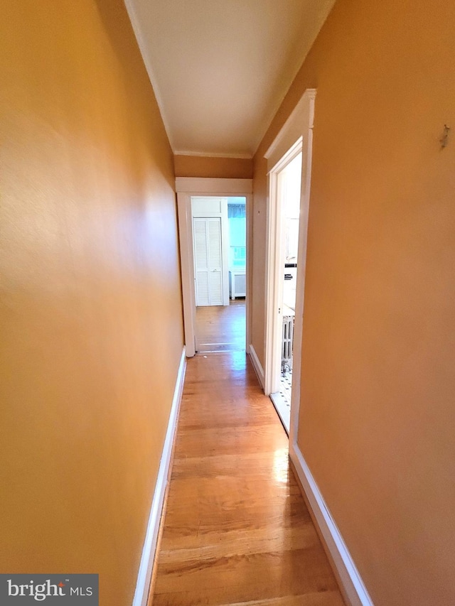 hallway featuring light wood-type flooring, baseboards, and ornamental molding