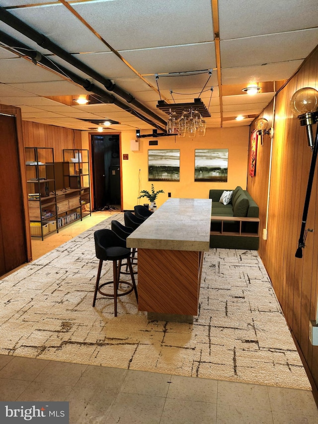 bar area featuring wood walls