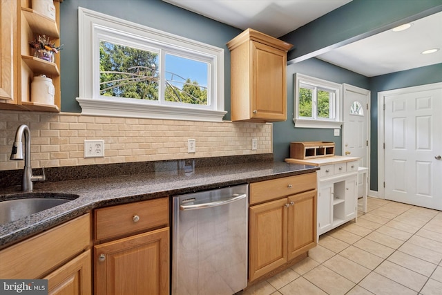 1558 Lukens Ave, Abington, PA 19001 - kitchen with a sink, stainless steel dishwasher, light tile patterned floors, open shelves, and tasteful backsplash