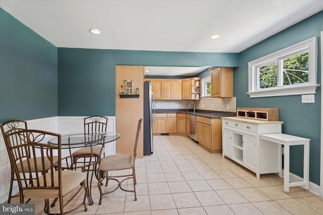 1558 Lukens Ave, Abington, PA 19001 - kitchen featuring open shelves, stainless steel appliances, dark countertops, light brown cabinets, and tasteful backsplash