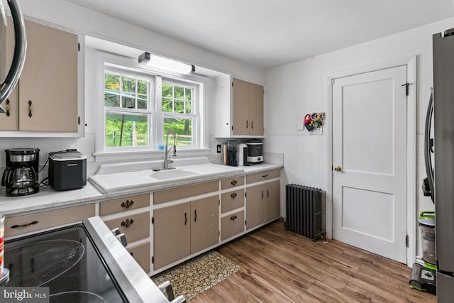 1607 Weavertown Rd, Douglassville, PA 19518 - kitchen with radiator, wood finished floors, light countertops, freestanding refrigerator, and cooktop