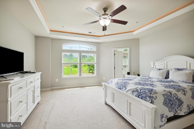 232 Urban Ave Unit 232, Gaithersburg, MD 20878 - bedroom featuring a tray ceiling, light carpet, ornamental molding, baseboards, and ceiling fan