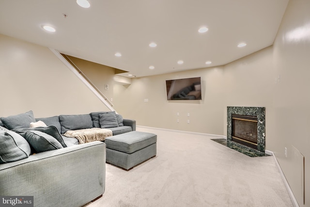 2212 Palustris Ln, Abingdon, MD 21009 - living area with stairway, carpet flooring, recessed lighting, a high end fireplace, and baseboards