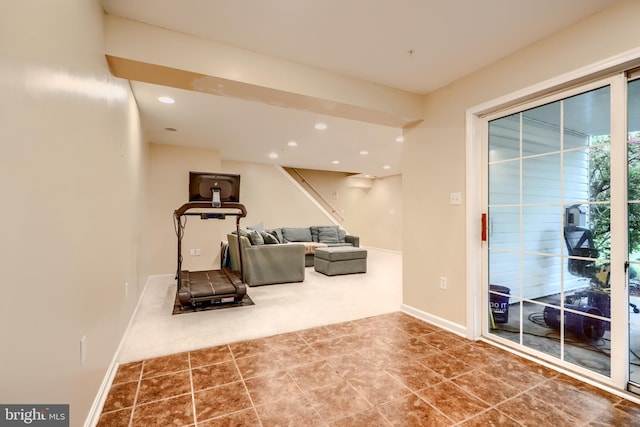 2212 Palustris Ln, Abingdon, MD 21009 - living area featuring carpet flooring, stairway, baseboards, and recessed lighting