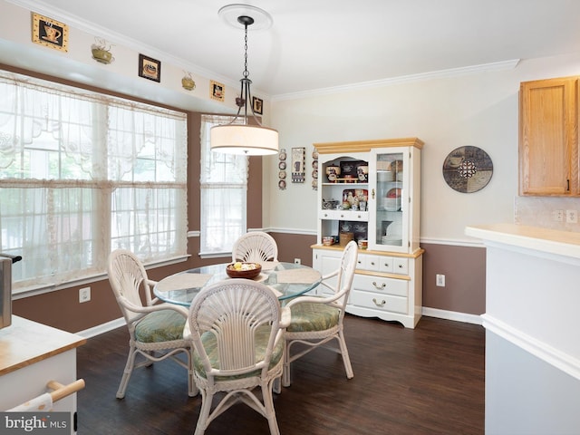 35553 Dry Brook Dr, Rehoboth Beach, DE 19971 - dining area with baseboards, dark wood finished floors, and crown molding