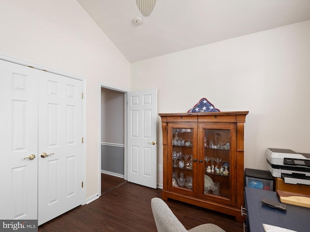 35553 Dry Brook Dr, Rehoboth Beach, DE 19971 - office area featuring wood finished floors, high vaulted ceiling, and baseboards
