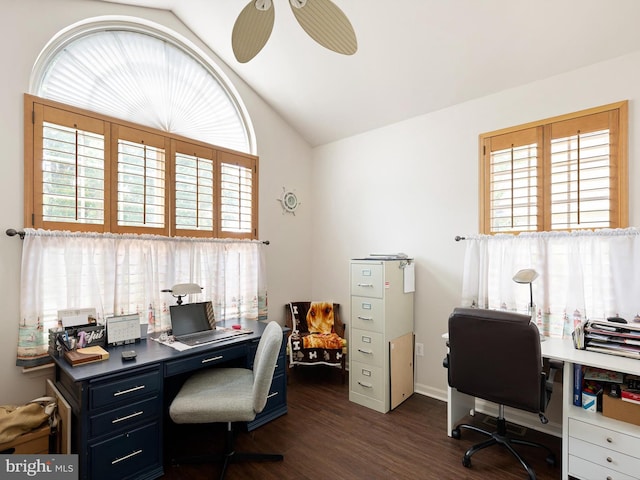 35553 Dry Brook Dr, Rehoboth Beach, DE 19971 - office area with lofted ceiling, plenty of natural light, dark wood finished floors, baseboards, and ceiling fan
