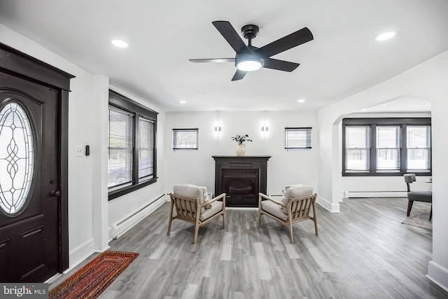 24 Cuthbert Rd, Cinnaminson, NJ 08077 - foyer entrance with a baseboard radiator, wood finished floors, baseboards, a ceiling fan, and recessed lighting
