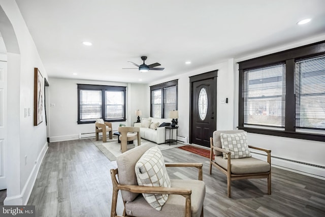 24 Cuthbert Rd, Cinnaminson, NJ 08077 - living area featuring wood finished floors, a ceiling fan, a baseboard heating unit, recessed lighting, and baseboards