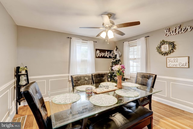 dining room featuring a decorative wall, plenty of natural light, a wainscoted wall, a ceiling fan, and wood finished floors
