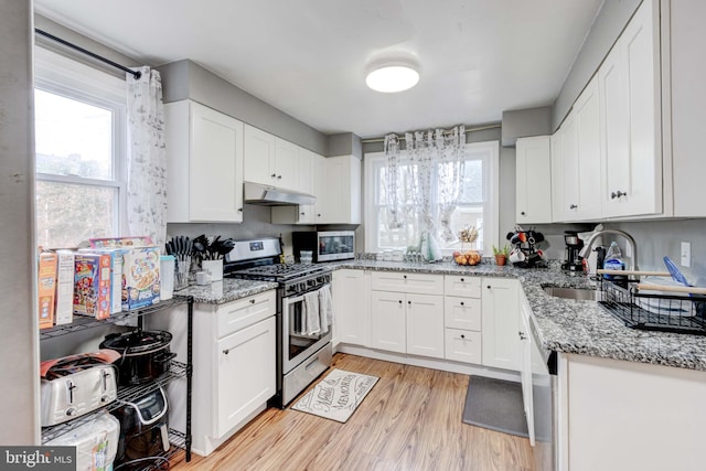 kitchen with stainless steel appliances, under cabinet range hood, a sink, light wood-style floors, and white cabinets