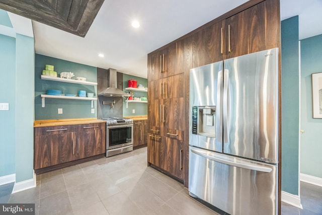 329 Dickinson Ave, Swarthmore, PA 19081 - kitchen featuring appliances with stainless steel finishes, wall chimney range hood, open shelves, baseboards, and recessed lighting
