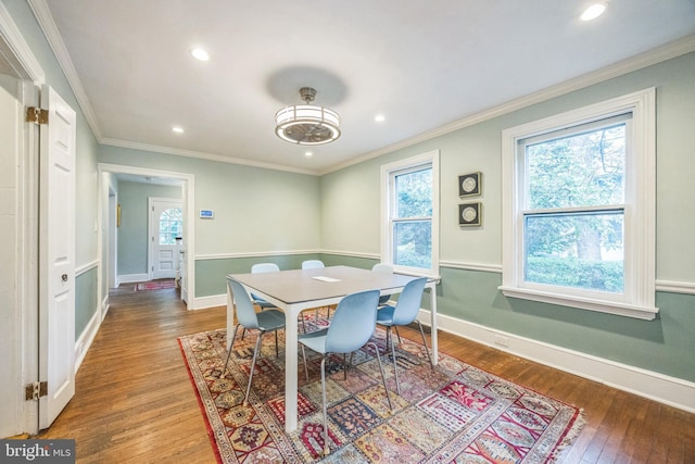 329 Dickinson Ave, Swarthmore, PA 19081 - dining area with hardwood / wood-style floors, recessed lighting, ornamental molding, and baseboards