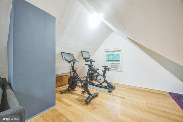 329 Dickinson Ave, Swarthmore, PA 19081 - exercise area with vaulted ceiling, wood finished floors, and cooling unit