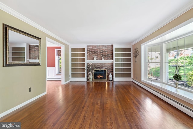 60 S Forge Manor Dr, Phoenixville, PA 19460 - unfurnished living room with built in features, baseboard heating, baseboards, wood finished floors, and a fireplace