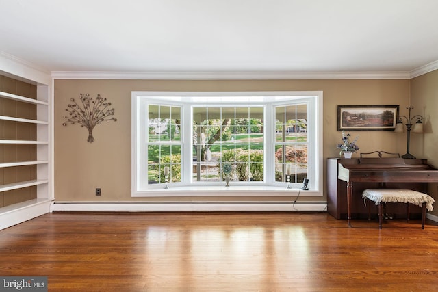 60 S Forge Manor Dr, Phoenixville, PA 19460 - living area featuring built in features, crown molding, wood finished floors, and a baseboard radiator