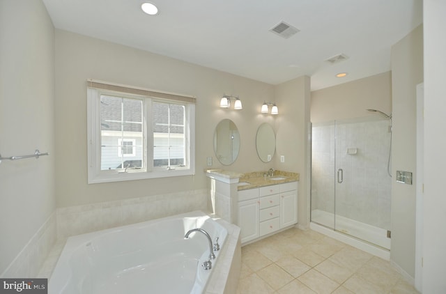 full bath featuring a garden tub, tile patterned flooring, a shower stall, vanity, and recessed lighting