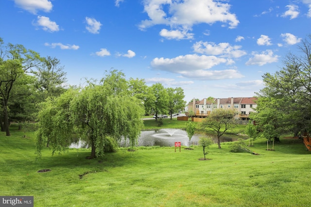 view of home's community with a yard and a water view
