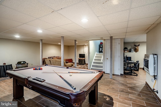 260 Shirley Ln, Pennsburg, PA 18073 - game room with heating unit, pool table, wood finished floors, a drop ceiling, and recessed lighting
